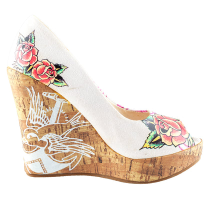 Ed Hardy Tattoo Print Cork Peep-Toe Wedge Pumps