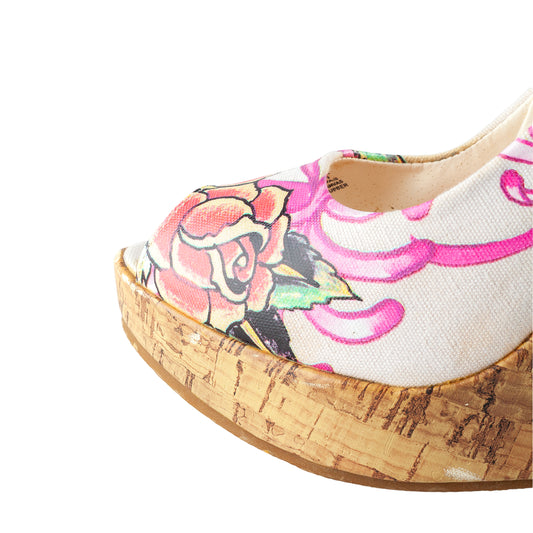 Ed Hardy Tattoo Print Cork Peep-Toe Wedge Pumps