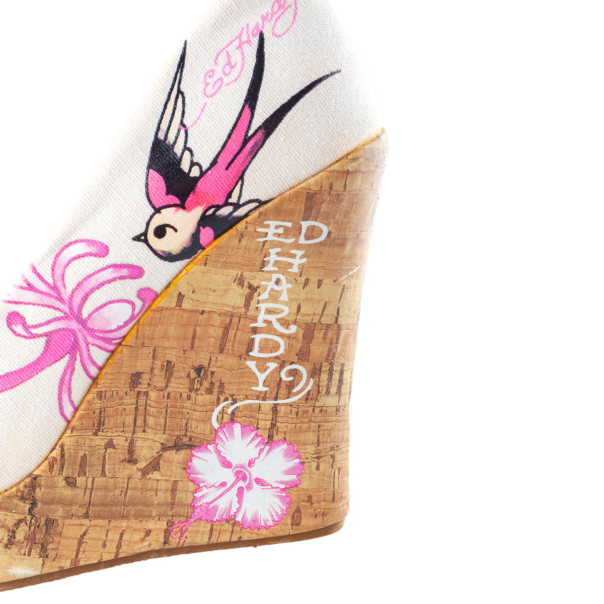 Ed Hardy Tattoo Print Cork Peep-Toe Wedge Pumps