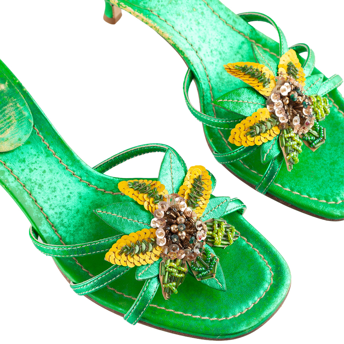 Miu Miu Metallic Green Embellished Floral Kitten Heel Sandals