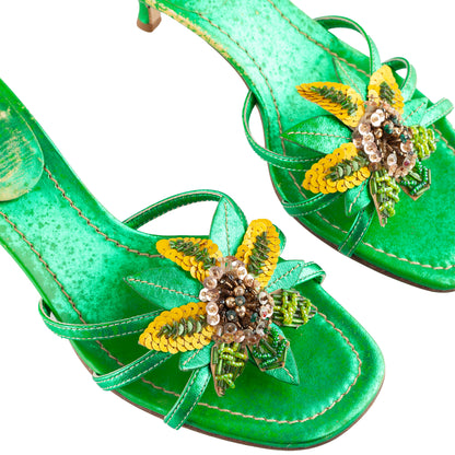 Miu Miu Metallic Green Embellished Floral Kitten Heel Sandals