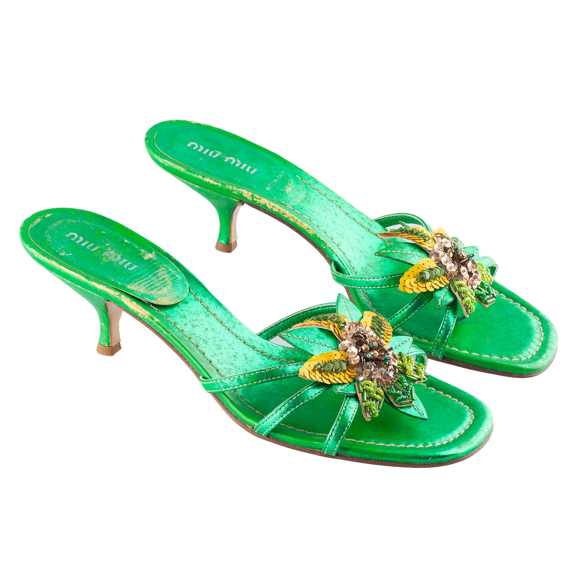 Miu Miu Metallic Green Embellished Floral Kitten Heel Sandals