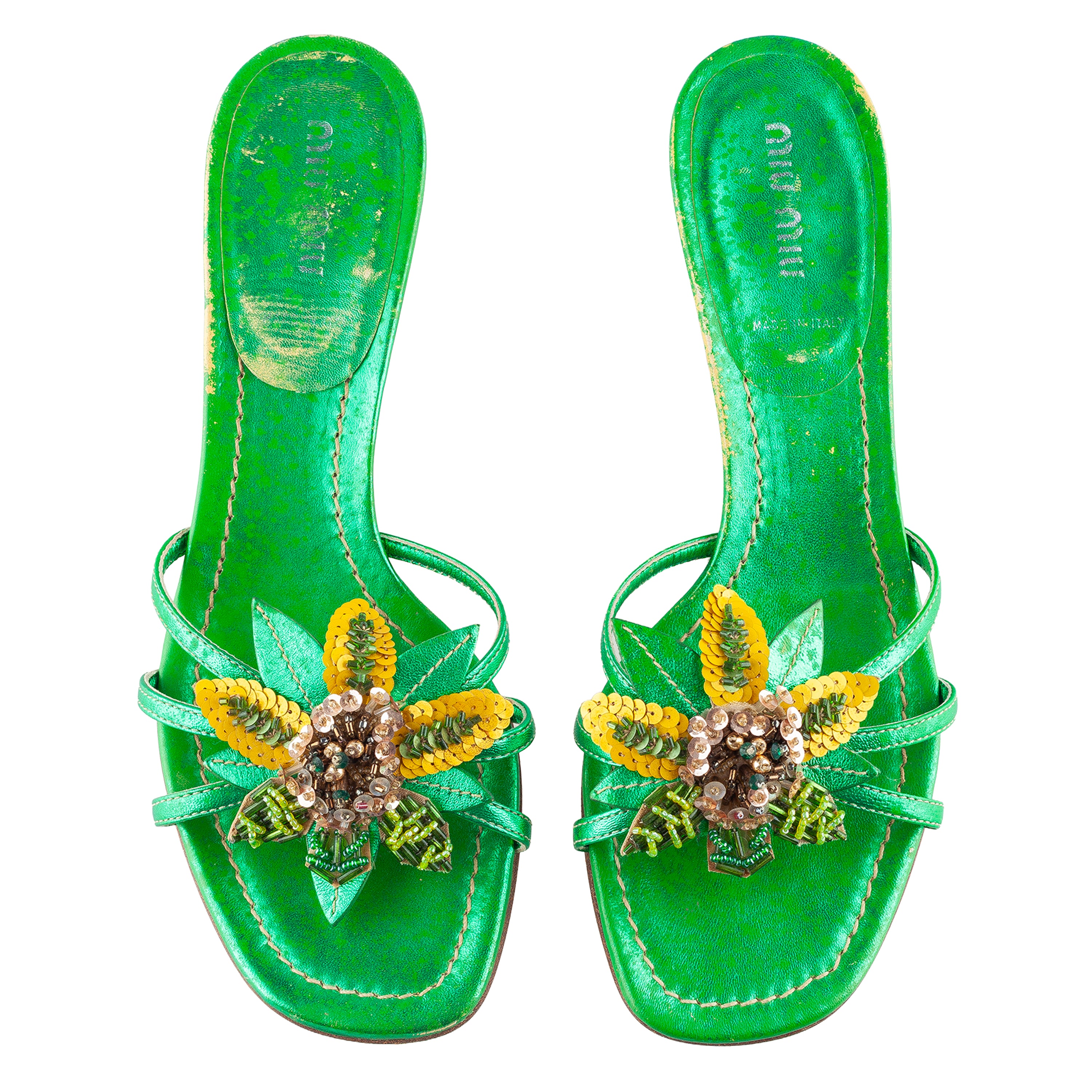 Miu Miu Metallic Green Embellished Floral Kitten Heel Sandals