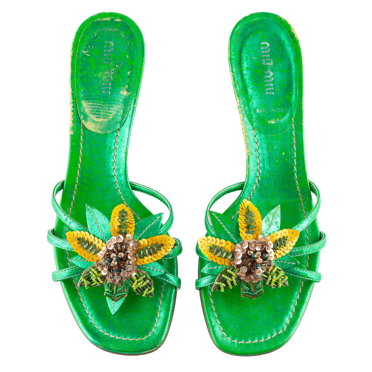 Miu Miu Metallic Green Embellished Floral Kitten Heel Sandals