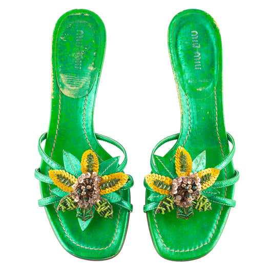 Miu Miu Metallic Green Embellished Floral Kitten Heel Sandals