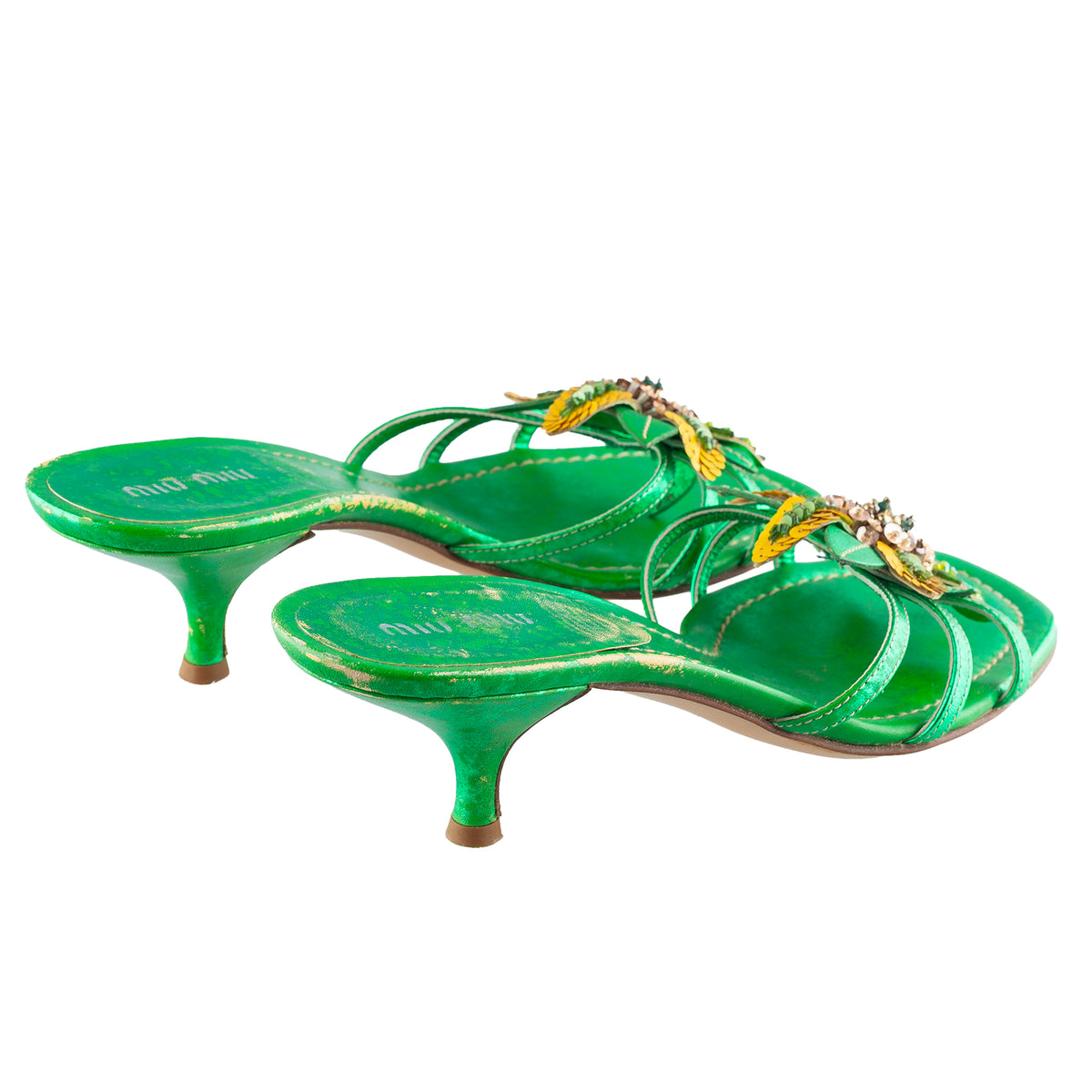 Miu Miu Metallic Green Embellished Floral Kitten Heel Sandals