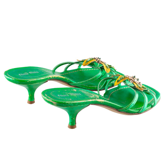 Miu Miu Metallic Green Embellished Floral Kitten Heel Sandals