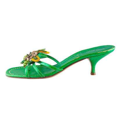 Miu Miu Metallic Green Embellished Floral Kitten Heel Sandals