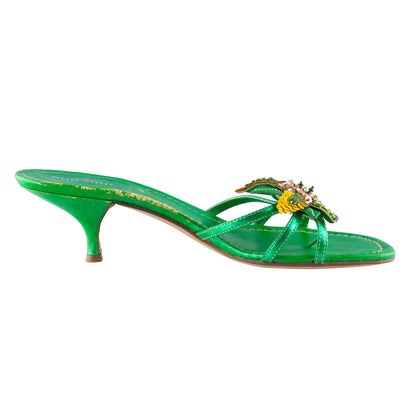 Miu Miu Metallic Green Embellished Floral Kitten Heel Sandals