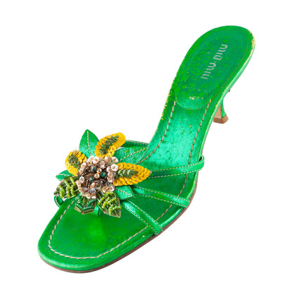 Miu Miu Metallic Green Embellished Floral Kitten Heel Sandals