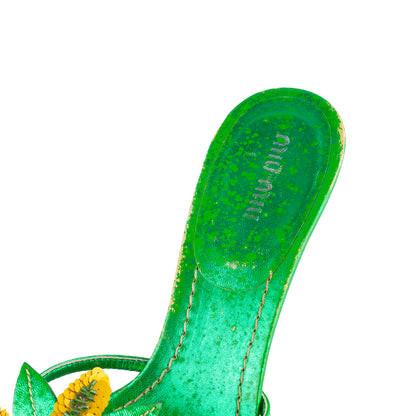 Miu Miu Metallic Green Embellished Floral Kitten Heel Sandals