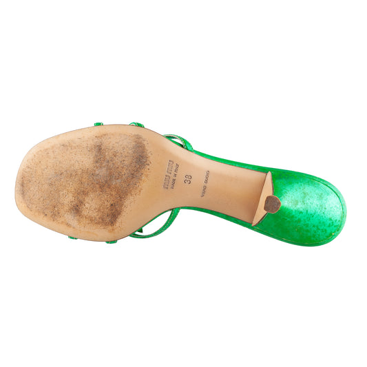 Miu Miu Metallic Green Embellished Floral Kitten Heel Sandals