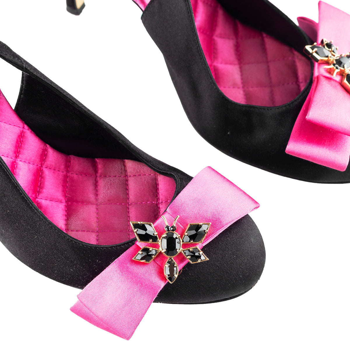 D&G Dolce & Gabbana Black & Pink Satin Bow Crystal Slingback Heels