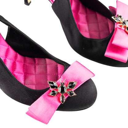 D&G Dolce & Gabbana Black & Pink Satin Bow Crystal Slingback Heels