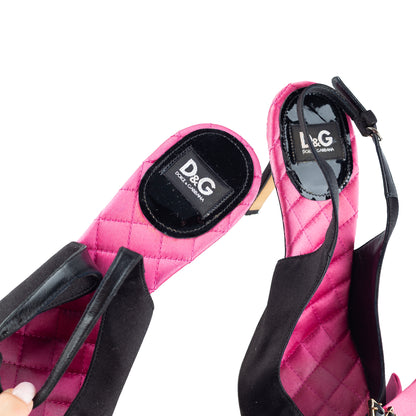 D&G Dolce & Gabbana Black & Pink Satin Bow Crystal Slingback Heels