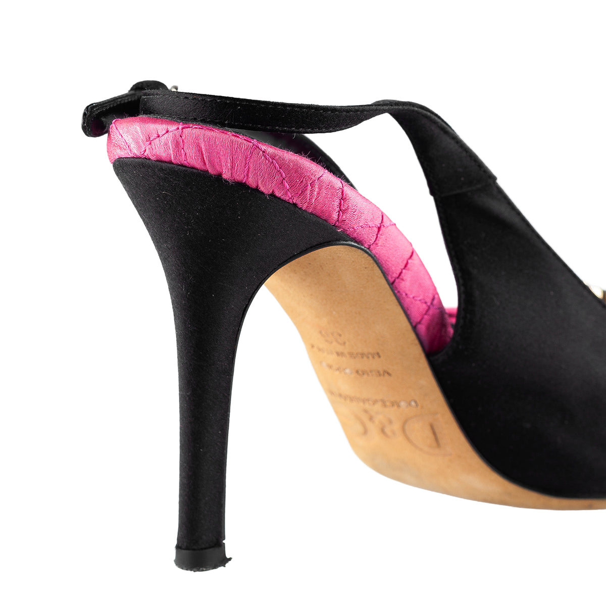 D&G Dolce & Gabbana Black & Pink Satin Bow Crystal Slingback Heels
