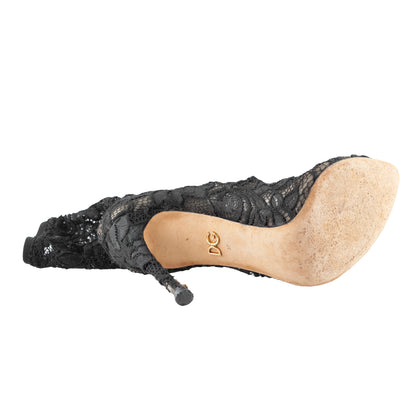 Dolce & Gabbana Black Floral Lace Sock Stiletto Boots