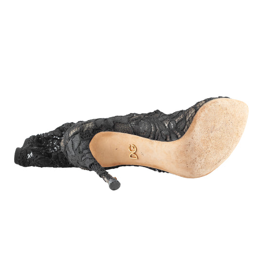 Dolce & Gabbana Black Floral Lace Sock Stiletto Boots