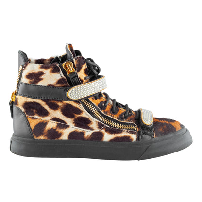 Giuseppe Zanotti Leopard Pony Hair Crystal Strap High-Top Sneakers