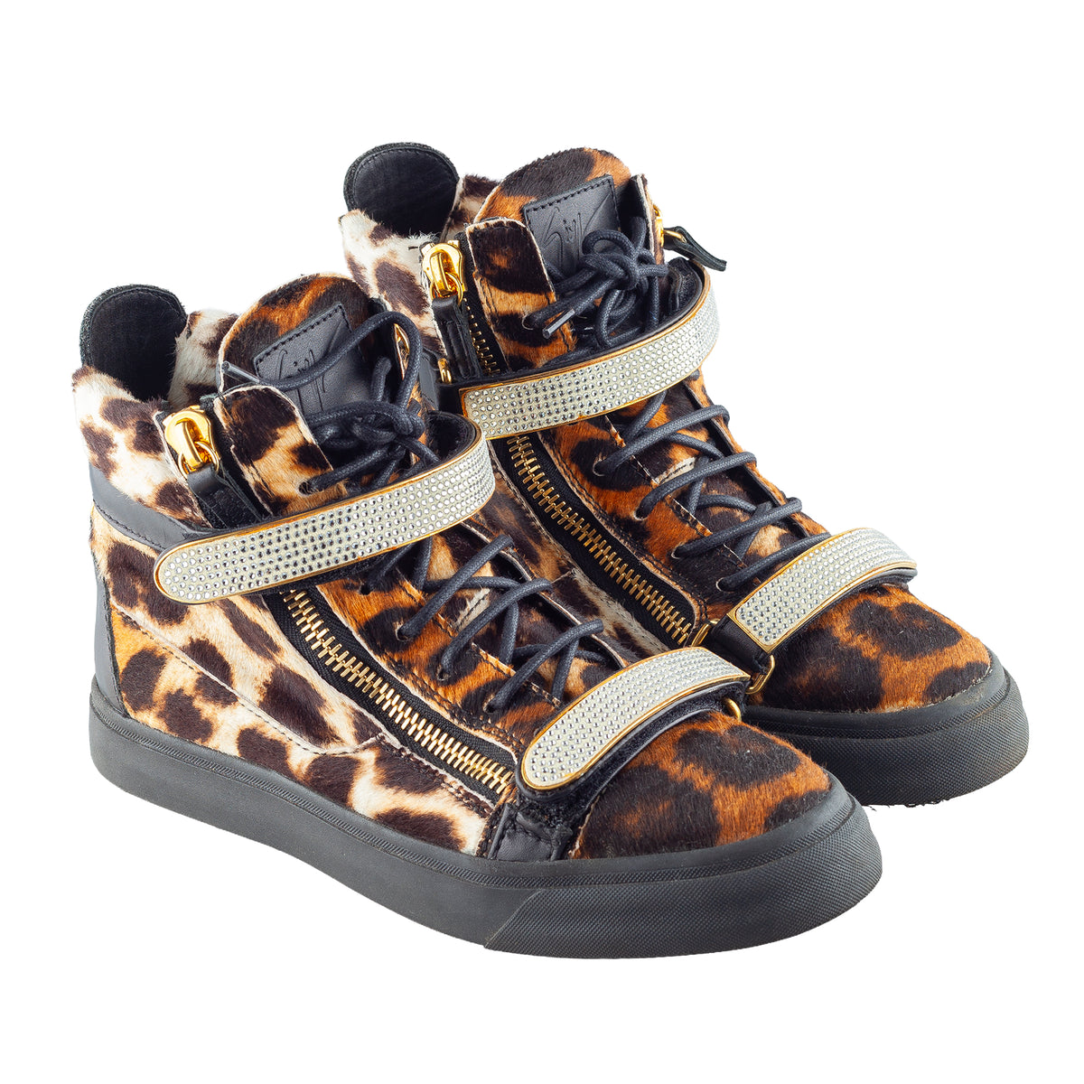 Giuseppe Zanotti Leopard Pony Hair Crystal Strap High-Top Sneakers