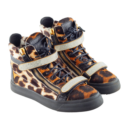 Giuseppe Zanotti Leopard Pony Hair Crystal Strap High-Top Sneakers