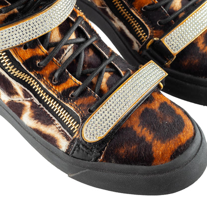 Giuseppe Zanotti Leopard Pony Hair Crystal Strap High-Top Sneakers
