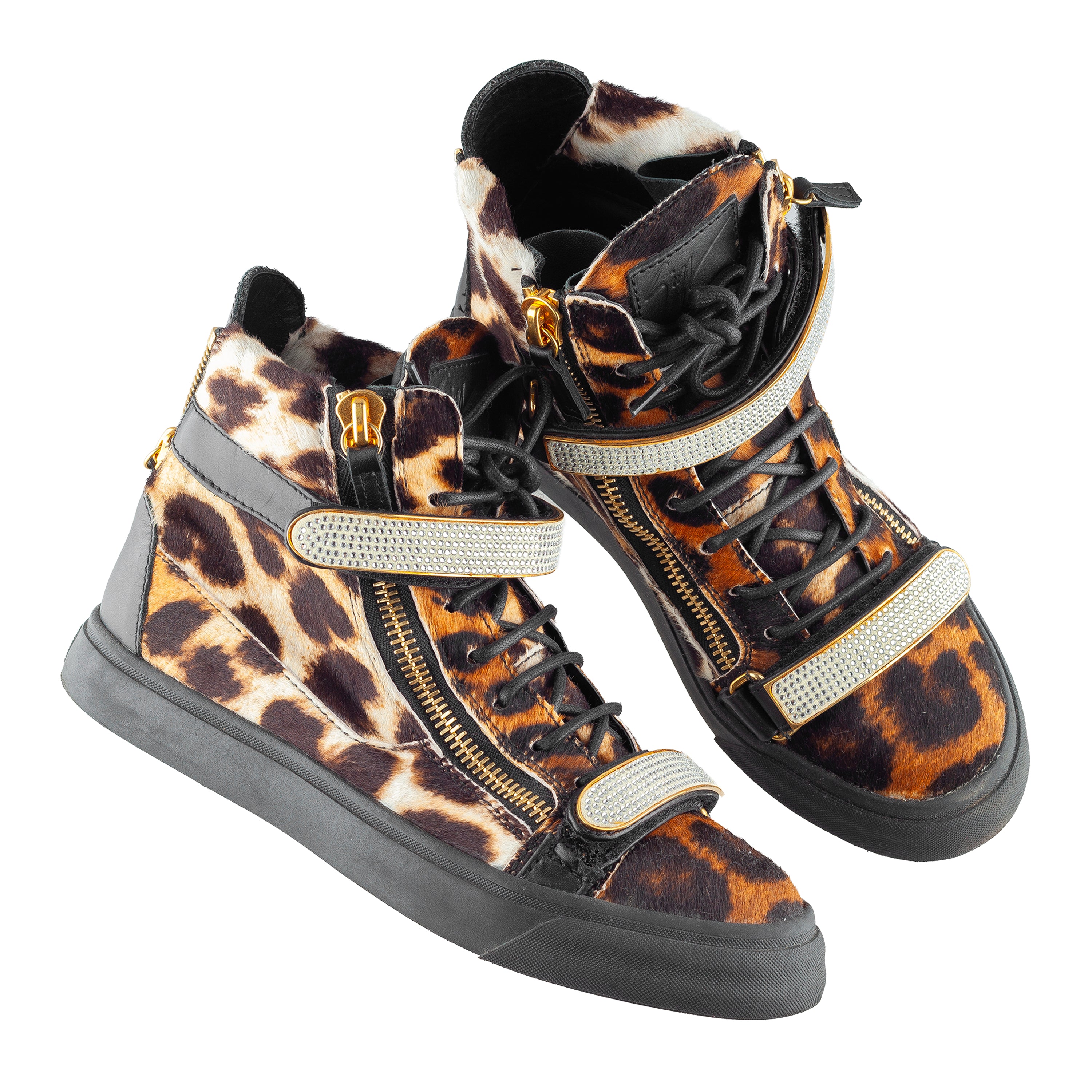 Giuseppe Zanotti Leopard Pony Hair Crystal Strap High-Top Sneakers