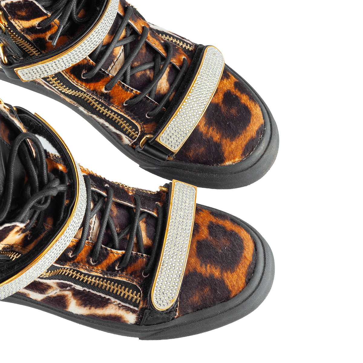 Giuseppe Zanotti Leopard Pony Hair Crystal Strap High-Top Sneakers