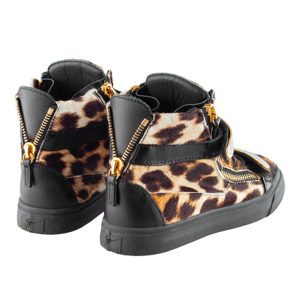 Giuseppe Zanotti Leopard Pony Hair Crystal Strap High-Top Sneakers