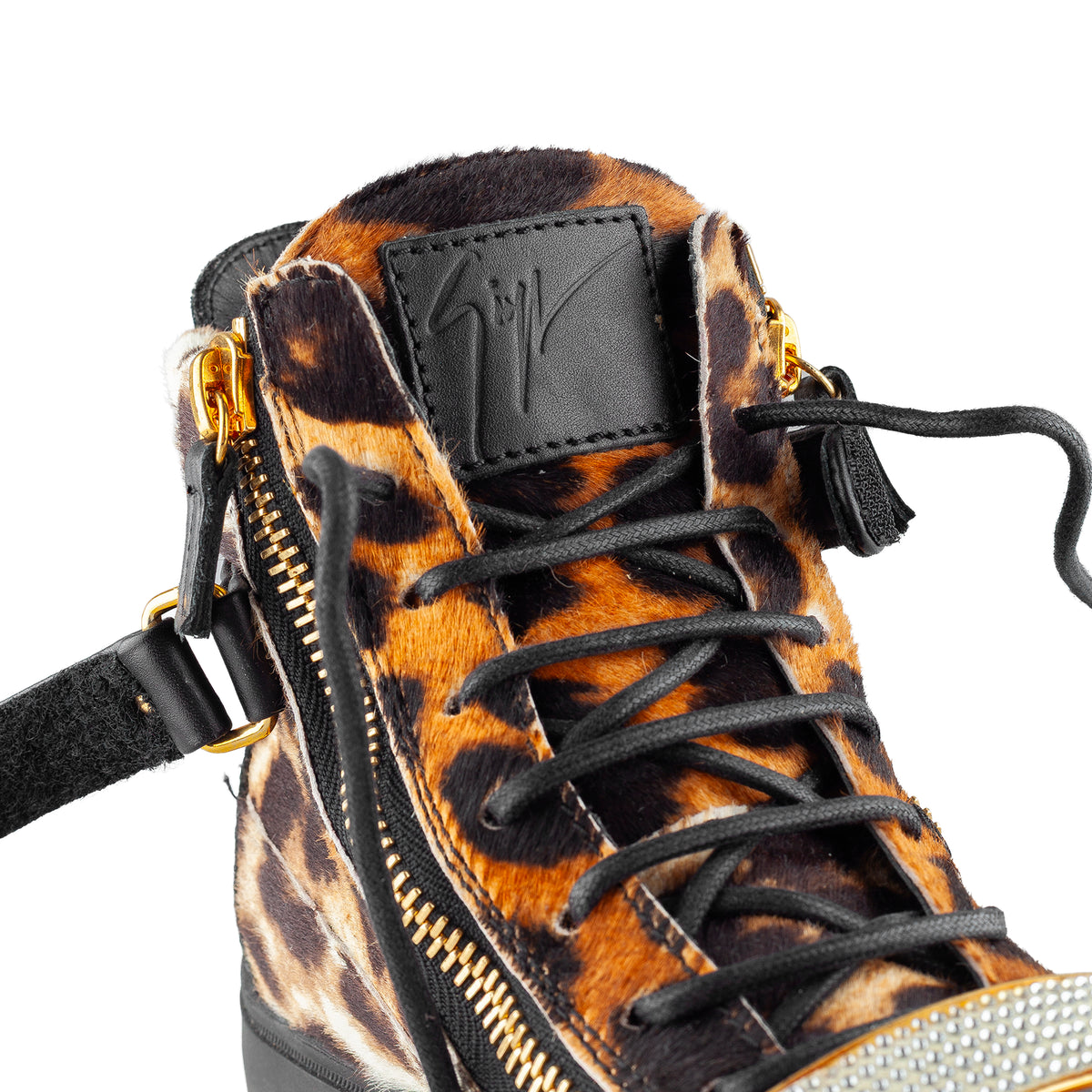 Giuseppe Zanotti Leopard Pony Hair Crystal Strap High-Top Sneakers