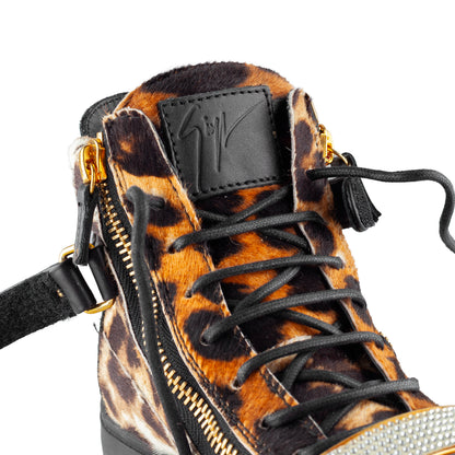 Giuseppe Zanotti Leopard Pony Hair Crystal Strap High-Top Sneakers
