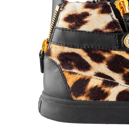 Giuseppe Zanotti Leopard Pony Hair Crystal Strap High-Top Sneakers