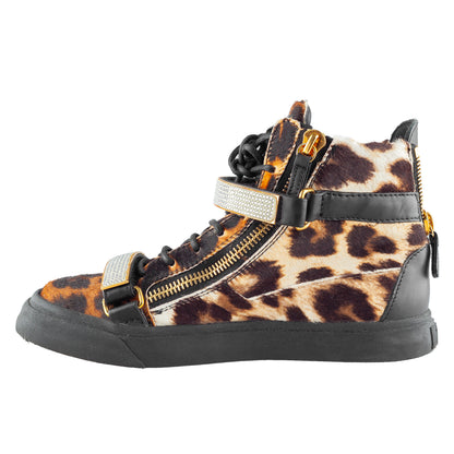 Giuseppe Zanotti Leopard Pony Hair Crystal Strap High-Top Sneakers