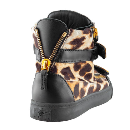 Giuseppe Zanotti Leopard Pony Hair Crystal Strap High-Top Sneakers