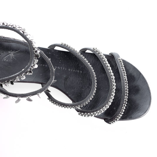 Giuseppe Zanotti Black Satin Chain Embellished Vintage Flat Sandal (37 IT/ 38 EU)