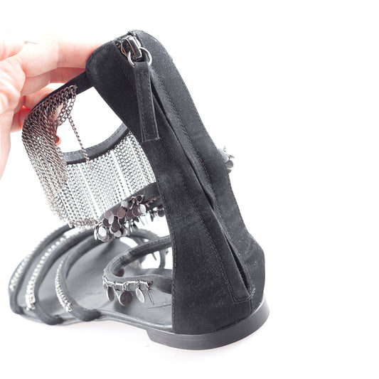 Giuseppe Zanotti Black Satin Chain Embellished Vintage Flat Sandal (37 IT/ 38 EU)