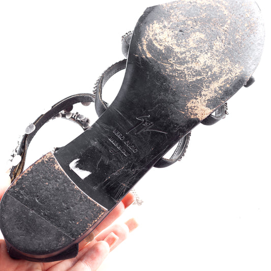 Giuseppe Zanotti Black Satin Chain Embellished Vintage Flat Sandal (37 IT/ 38 EU)