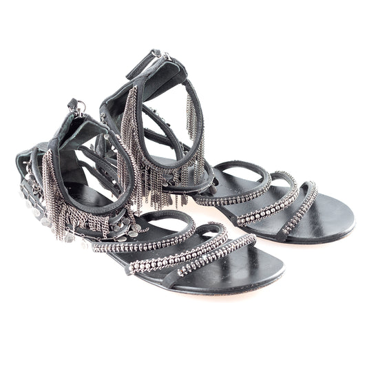 Giuseppe Zanotti Black Satin Chain Embellished Vintage Flat Sandal (37 IT/ 38 EU)