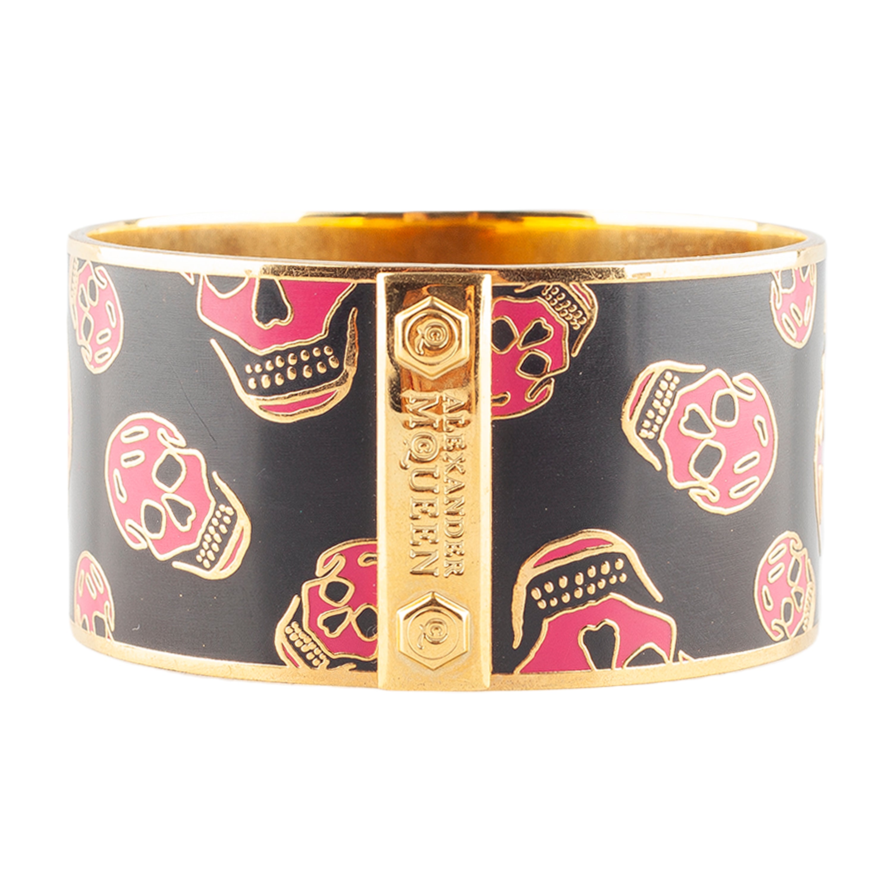 Alexander McQueen Black & Pink Skull Enamel Gold-Tone Cuff Bracelet
