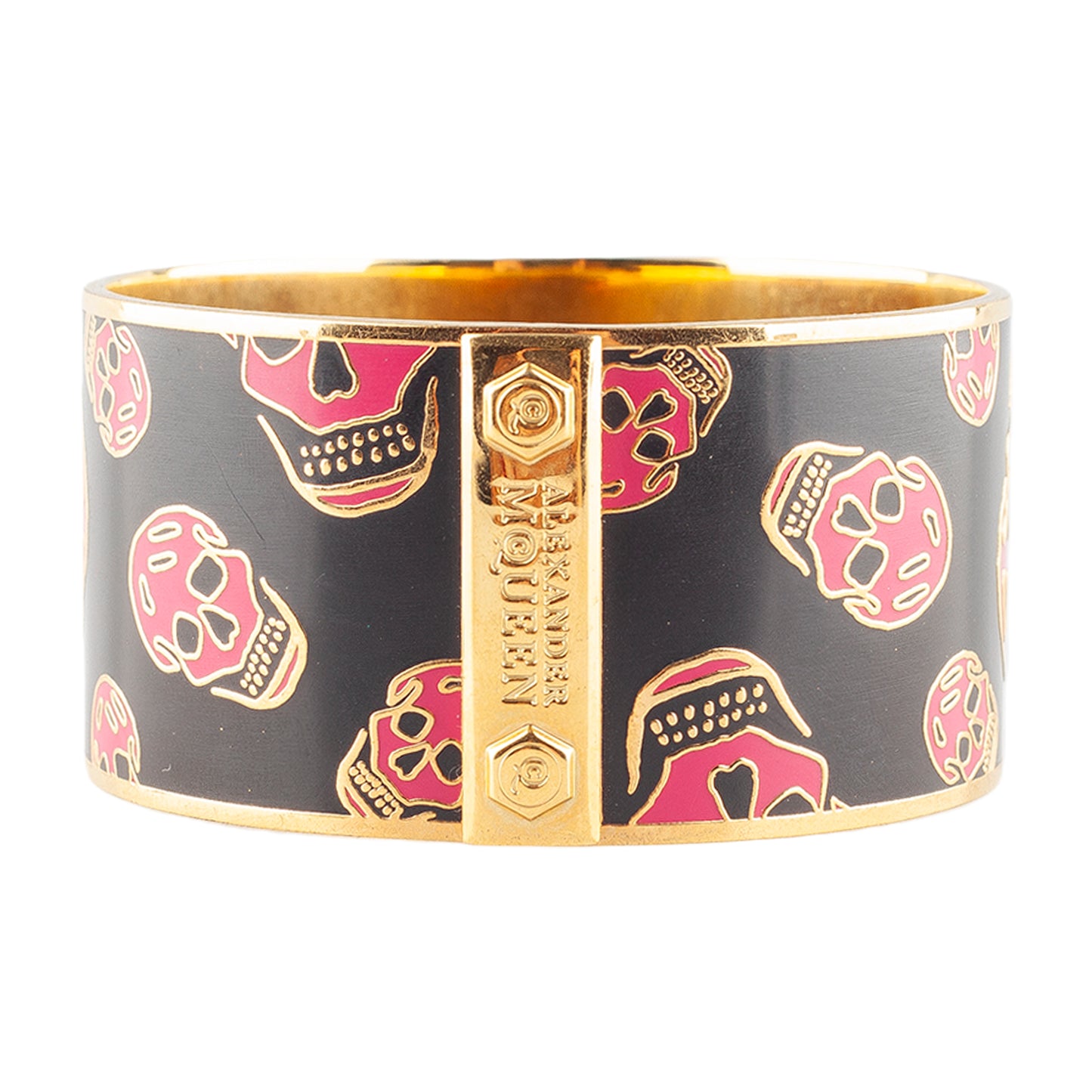Alexander McQueen Black & Pink Skull Enamel Gold-Tone Cuff Bracelet