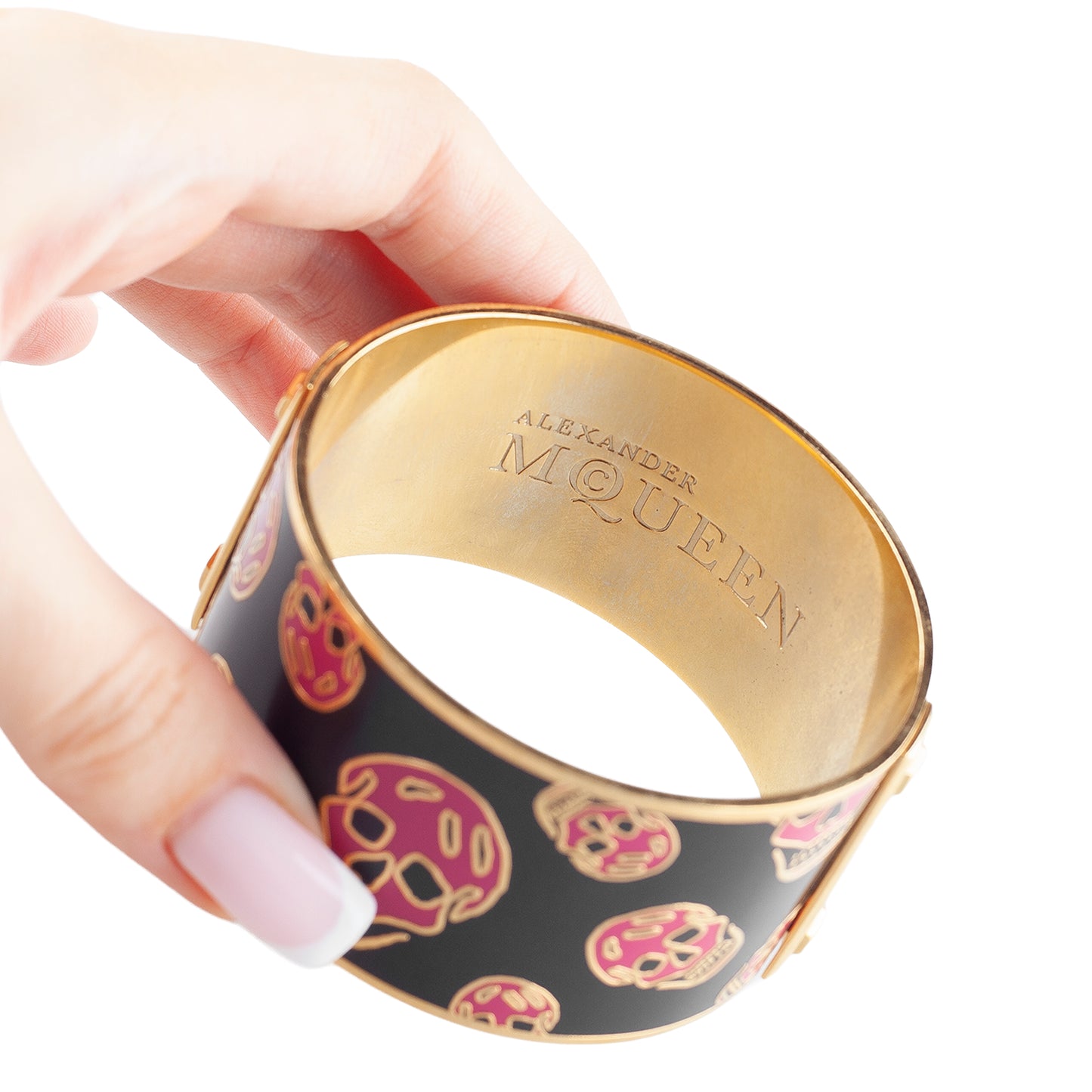 Alexander McQueen Black & Pink Skull Enamel Gold-Tone Cuff Bracelet