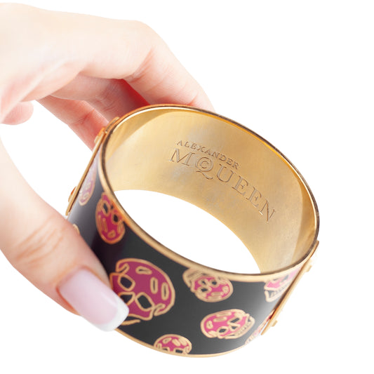 Alexander McQueen Black & Pink Skull Enamel Gold-Tone Cuff Bracelet