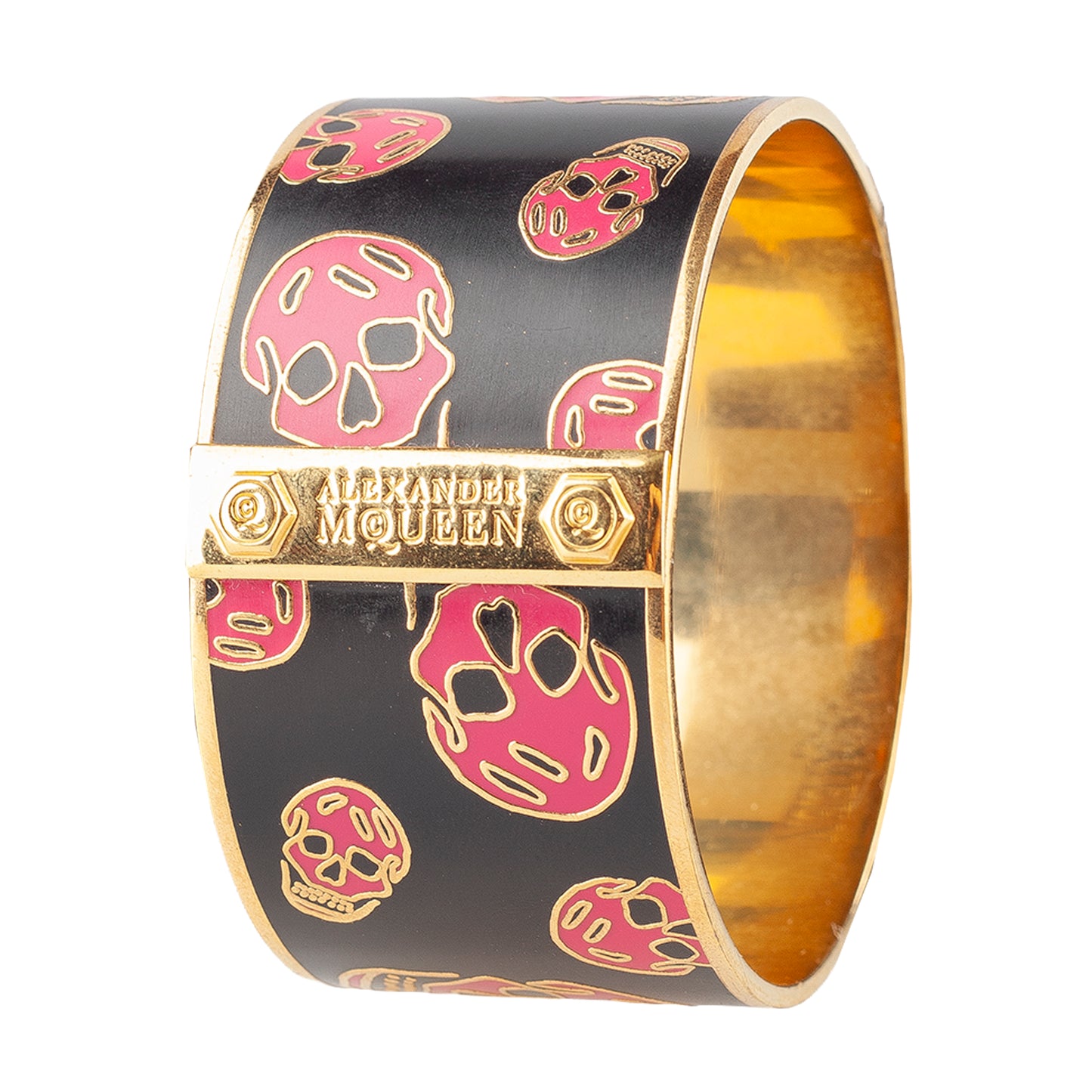 Alexander McQueen Black & Pink Skull Enamel Gold-Tone Cuff Bracelet
