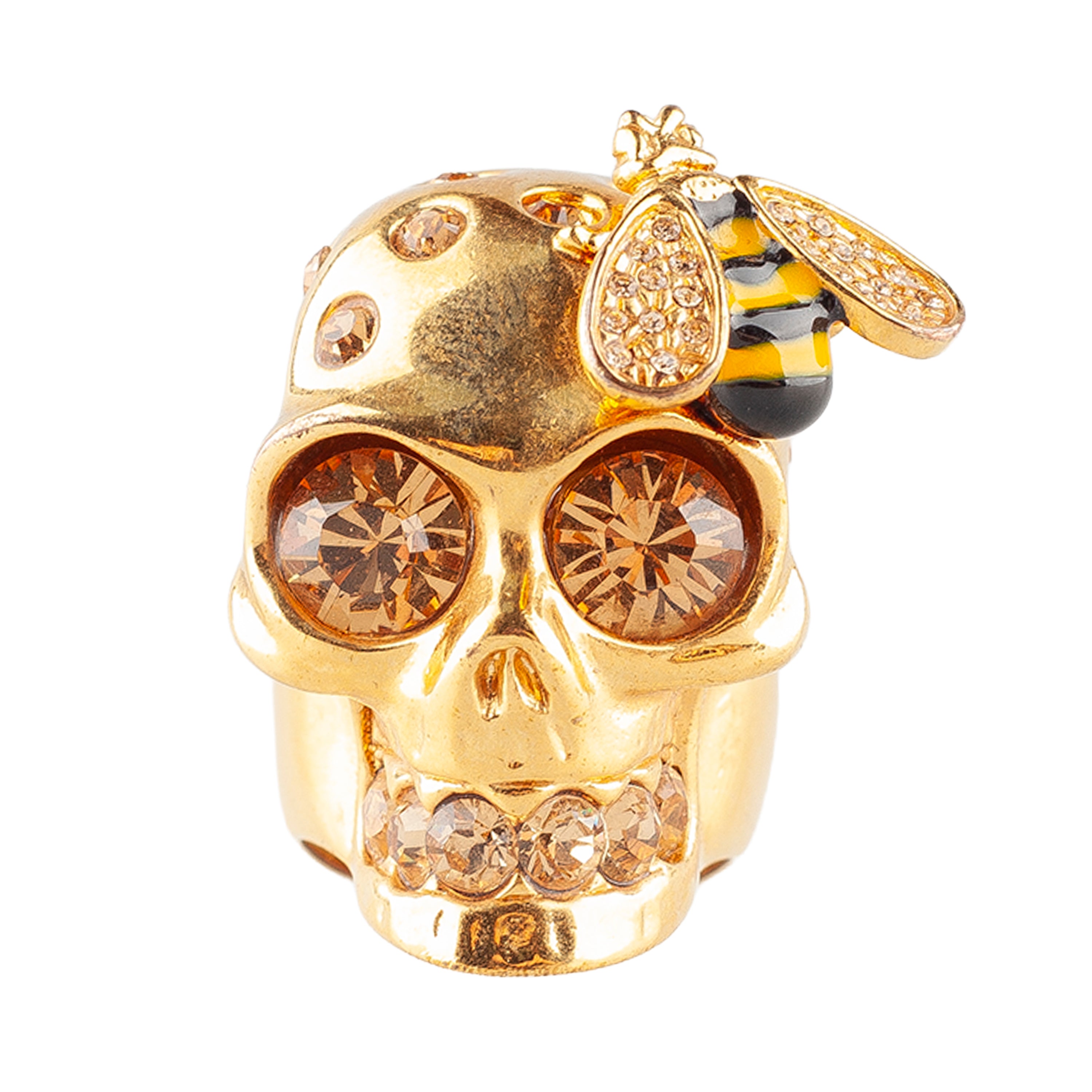 Alexander McQueen Gold-Tone Crystal Skull & Bee Statement Ring