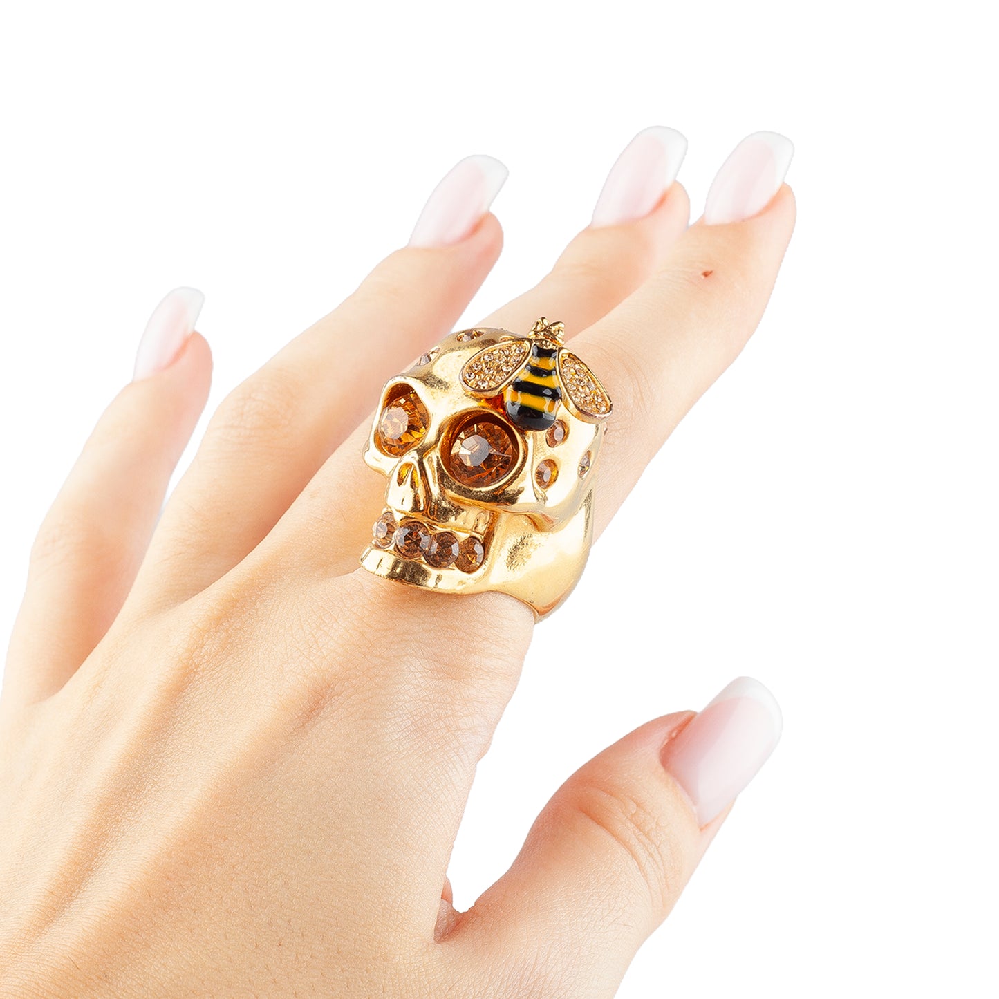 Alexander McQueen Gold-Tone Crystal Skull & Bee Statement Ring