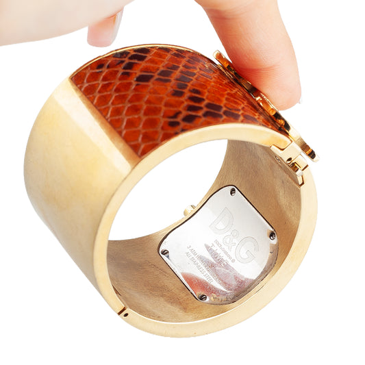 Dolce & Gabbana Vintage Snakeskin Print Gold Cuff Watch