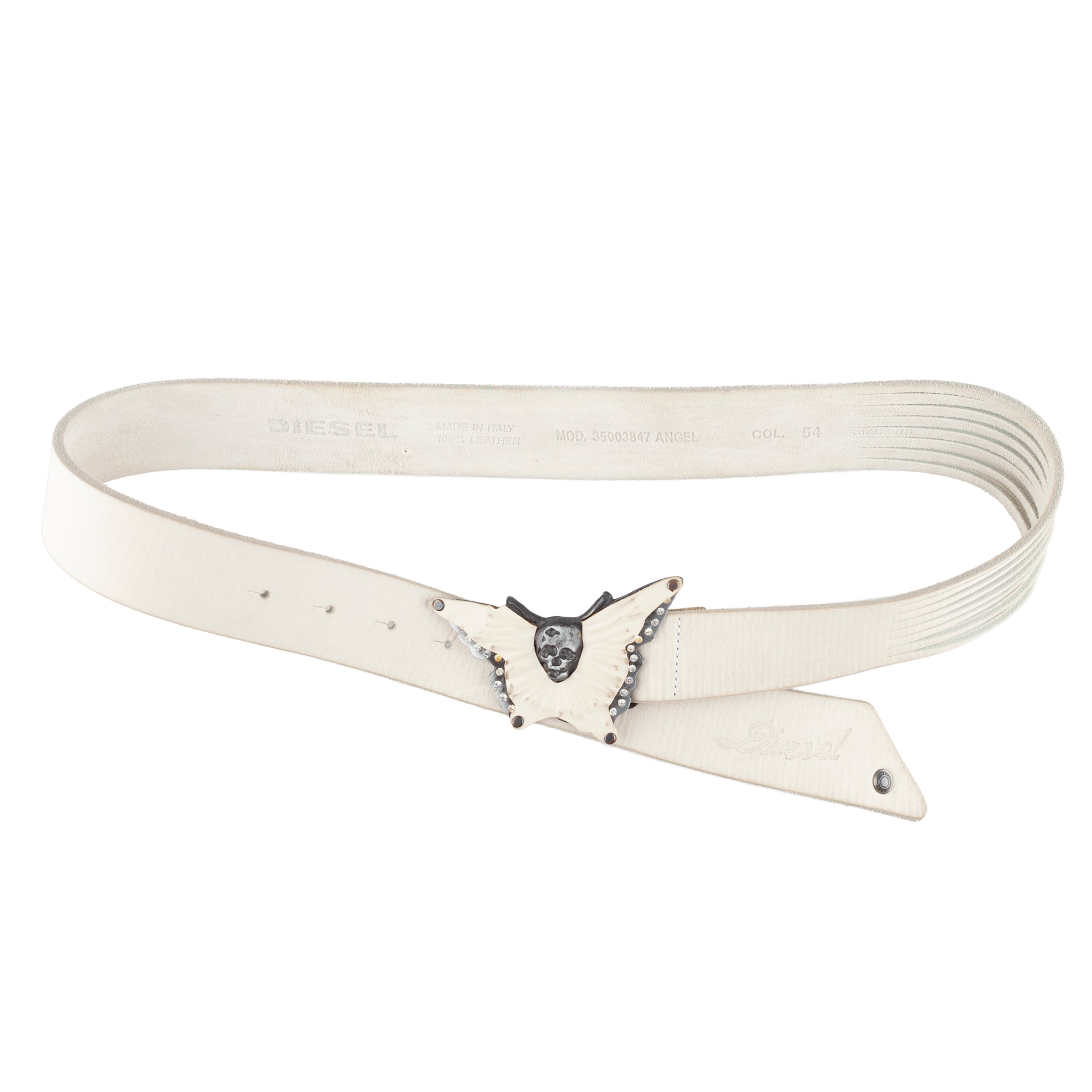 Diesel Angel White Leather Skull Butterfly Buckle Belt
