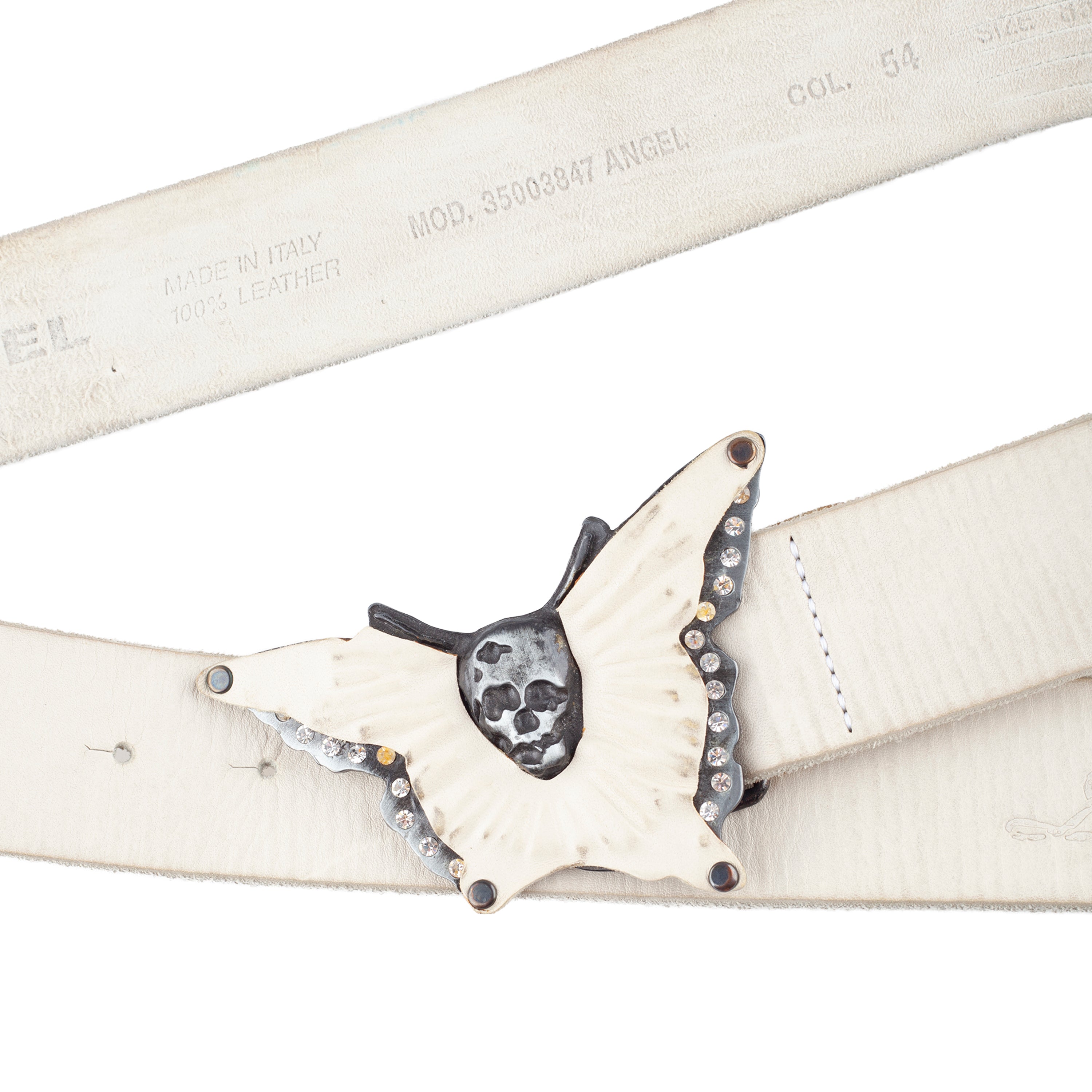 Diesel Angel White Leather Skull Butterfly Buckle Belt