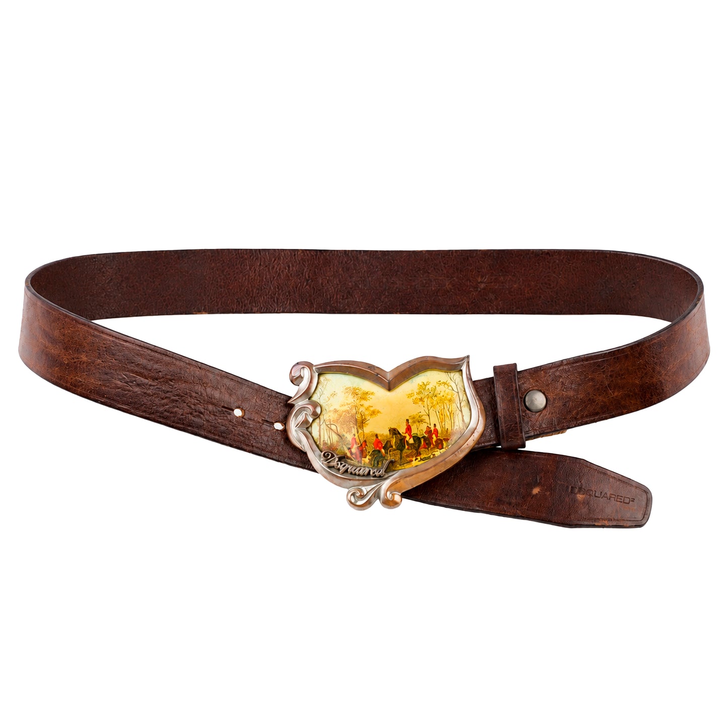 DSQUARED2 Vintage Brown Leather Equestrian Hunting Scene Belt