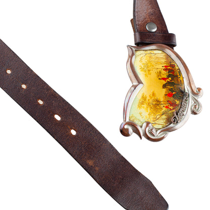 DSQUARED2 Vintage Brown Leather Equestrian Hunting Scene Belt